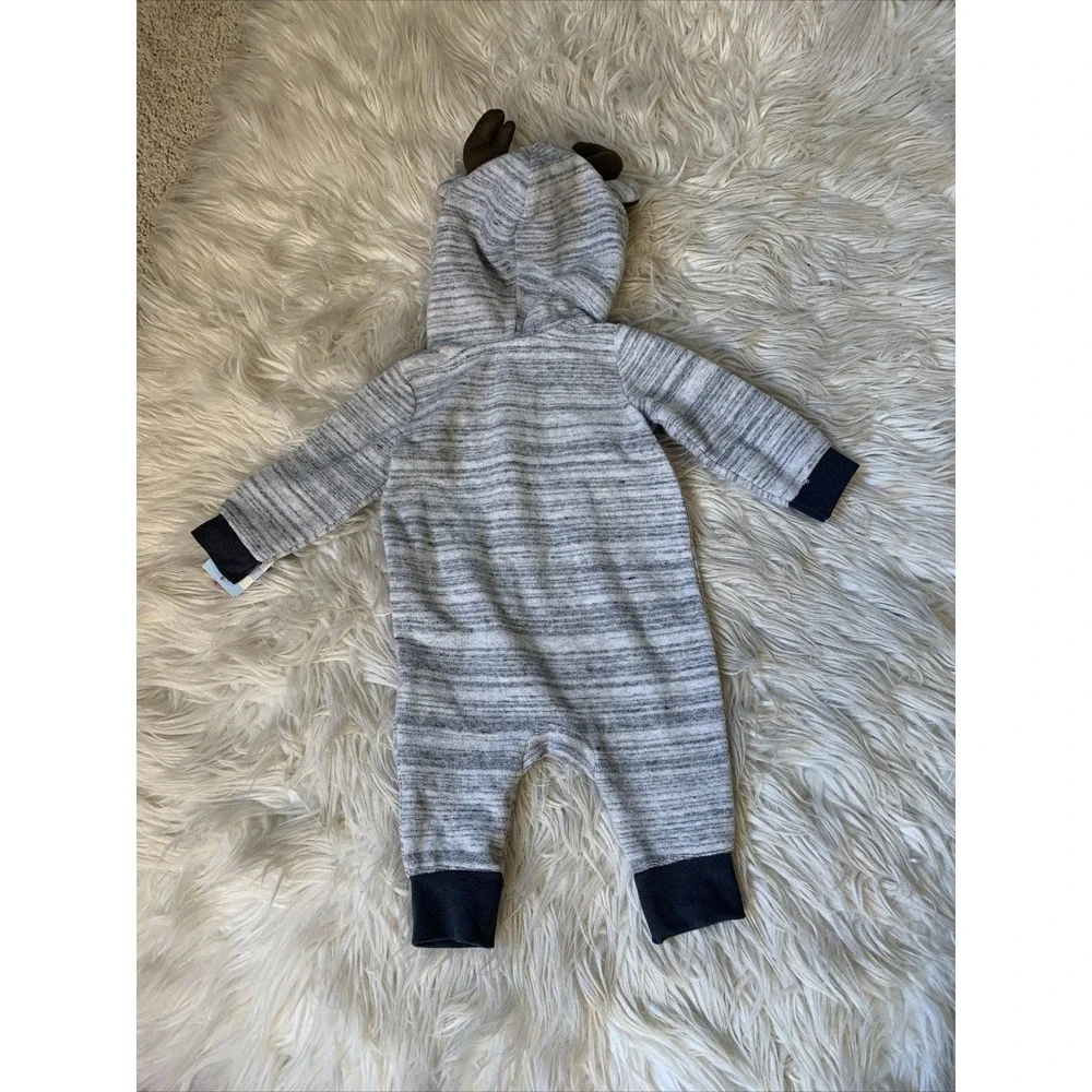 Cat & Jack Reindeer Hooded Romper Baby 0-3M Gray New Buffalo Plaid Antlers